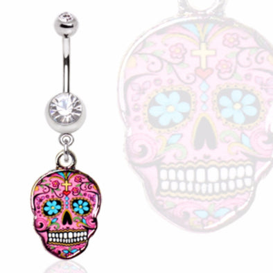 316L Surgical Steel Gemmed Navel Ring with Pink Sugar Skull Dangle-WildKlass Jewelry