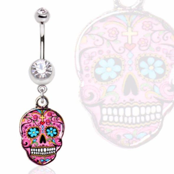 316L Surgical Steel Gemmed Navel Ring with Pink Sugar Skull Dangle-WildKlass Jewelry