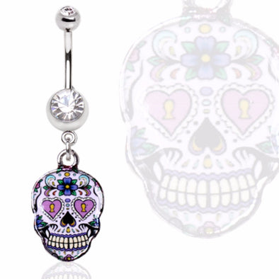 316L Surgical Steel Gemmed Navel Ring with Pale Purple Sugar Skull Dangle-WildKlass Jewelry