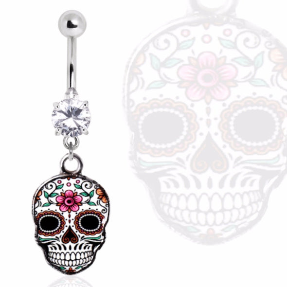 316L Surgical Steel Gemmed Navel Ring with White Sugar Skull Dangle-WildKlass Jewelry