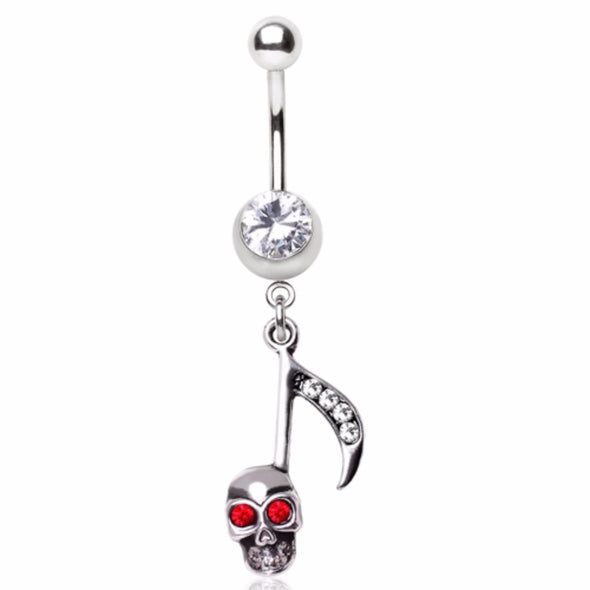 316L Surgical Steel Gemmed Navel Ring with Musical Skull Eighth Note Dangle-WildKlass Jewelry