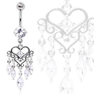 316L Surgical Steel Gemmed Chandelier Heart Dangle Navel Ring-WildKlass Jewelry