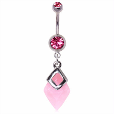 316L Surgical Steel Diamond Rose Quartz Dangle Navel Ring-WildKlass Jewelry