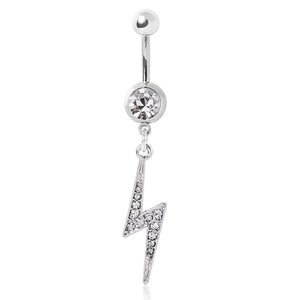 316L Surgical Steel Gemmed Navel Ring with CZ Lightning Bolt Dangle-WildKlass Jewelry