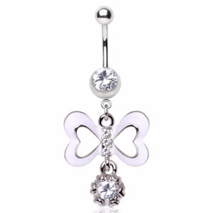 316L Surgical Steel Sweetheart Enamel Bow and Gem Dangle Navel Ring-WildKlass Jewelry