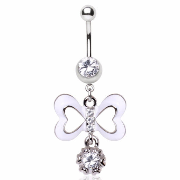 316L Surgical Steel Sweetheart Enamel Bow and Gem Dangle Navel Ring-WildKlass Jewelry