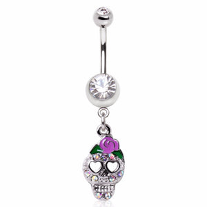 316L Surgical Steel Skull with Enamel Flower Navel Ring-WildKlass Jewelry