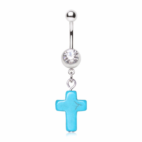 316L Surgical Steel Gemmed Navel Ring with Turquoise Cross Dangle-WildKlass Jewelry