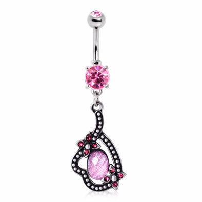 316L Surgical Steel Floral Path Dangle Navel Ring with Pink Synthetic Opal and Gems-WildKlass Jewelry