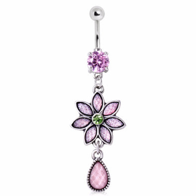 316L Surgical Steel Pink Synthetic Opal Flower with Teardrop Dangle Navel Ring-WildKlass Jewelry