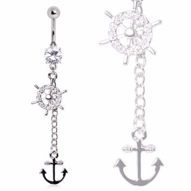 316L Surgical Steel Ship Wheel and Anchor Dangle Navel Ring-WildKlass Jewelry