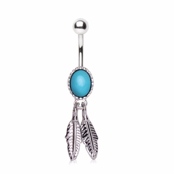 316L Surgical Steel Oval Turquoise Navel Ring with Metallic Feathers-WildKlass Jewelry