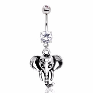 316L Surgical Steel Gemmed Navel Ring with Elephant Dangle-WildKlass Jewelry