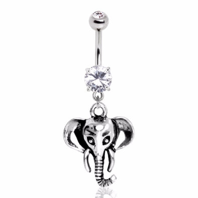 316L Surgical Steel Gemmed Navel Ring with Elephant Dangle-WildKlass Jewelry