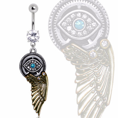 316L Gemmed Steampunk All Seeing Eye Navel Ring with Mechanical Wing Dangle-WildKlass Jewelry