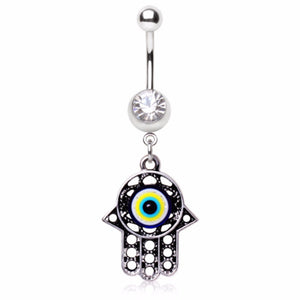 316L Surgical Steel Antique Evil Eye Hamsa Amulet Dangle Navel Ring-WildKlass Jewelry