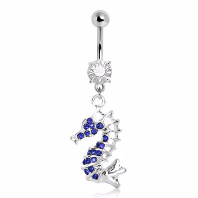 316L Stainless Steel Sparkling Blue Seahorse Navel Ring-WildKlass Jewelry