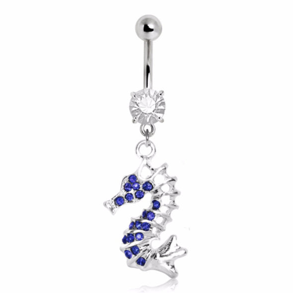 316L Stainless Steel Sparkling Blue Seahorse Navel Ring-WildKlass Jewelry