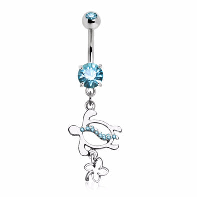 316L Stainless Steel Hawaiian Flower & Turtle Dangle Belly Ring-WildKlass Jewelry