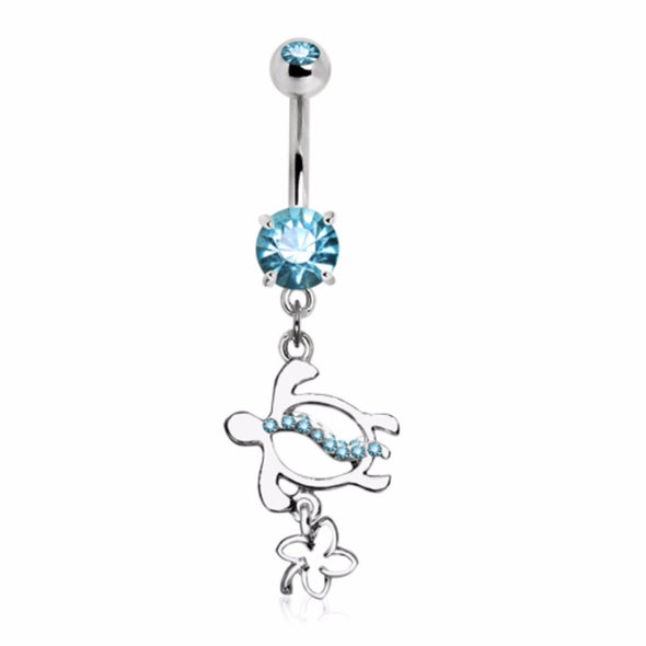 316L Stainless Steel Hawaiian Flower & Turtle Dangle Belly Ring-WildKlass Jewelry