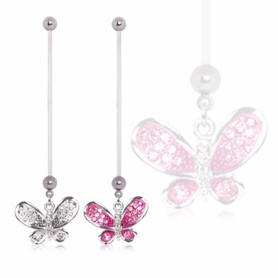 BioFlex Pregnancy Navel Ring with Multi CZ Butterfly Dangle-WildKlass Jewelry