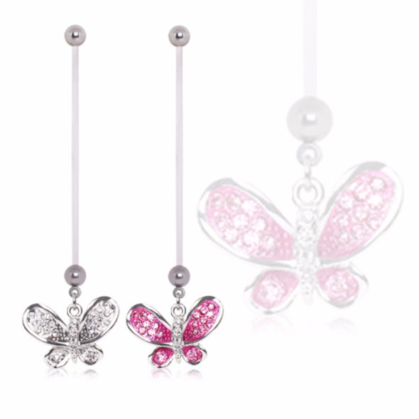 BioFlex Pregnancy Navel Ring with Multi CZ Butterfly Dangle-WildKlass Jewelry