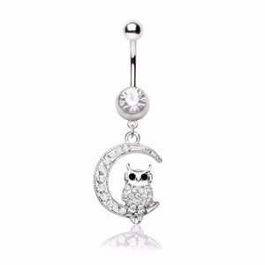 316L Stainless Steel Sparkling Owl on the Moon Navel Ring-WildKlass Jewelry