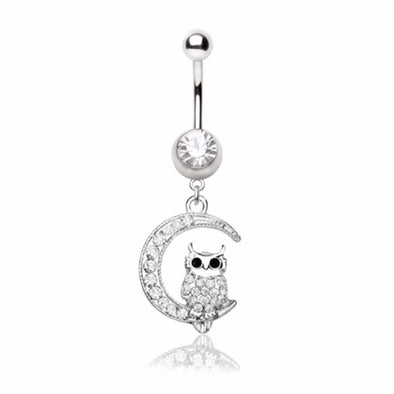 316L Stainless Steel Sparkling Owl on the Moon Navel Ring-WildKlass Jewelry