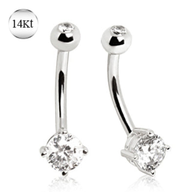 14Kt White Gold Navel Ring with Prong Set CZ-WildKlass Jewelry