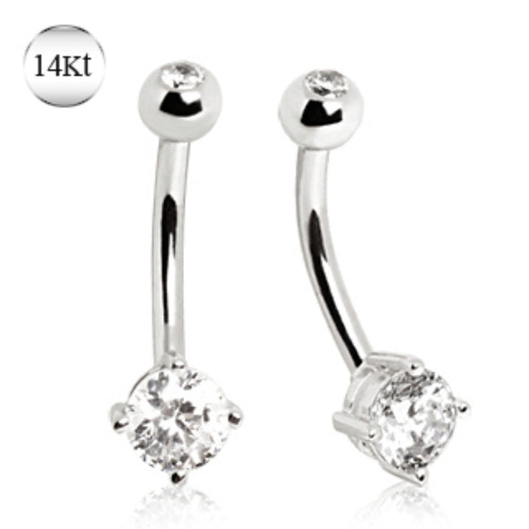 14Kt White Gold Navel Ring with Prong Set CZ-WildKlass Jewelry
