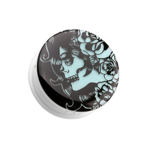 Glow in the Dark Day of the Dead Lady Single Flared Ear Gauge Plug-WildKlass Jewelry