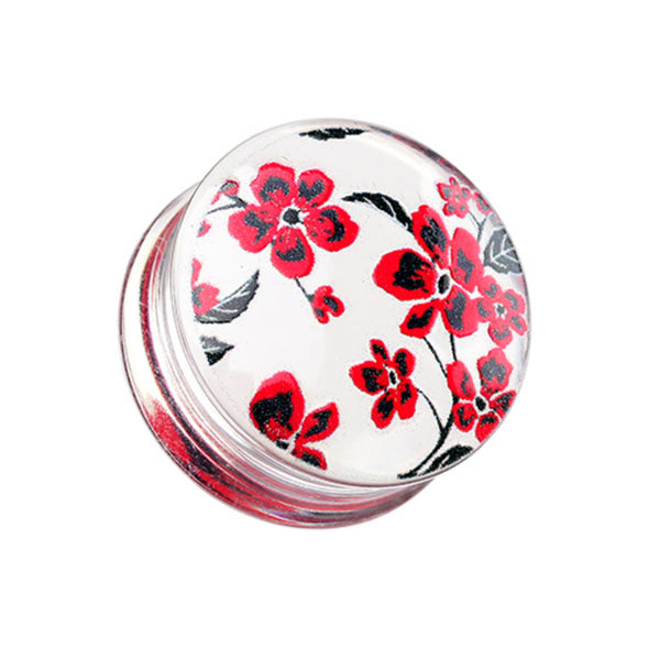 Red Cherry Blossom Clear UV Double Flared Ear Gauge Plug-WildKlass Jewelry