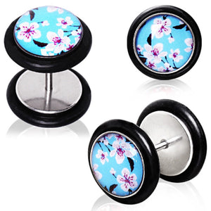 316L Blue Cherry Blossom Fake Plug-WildKlass Jewelry