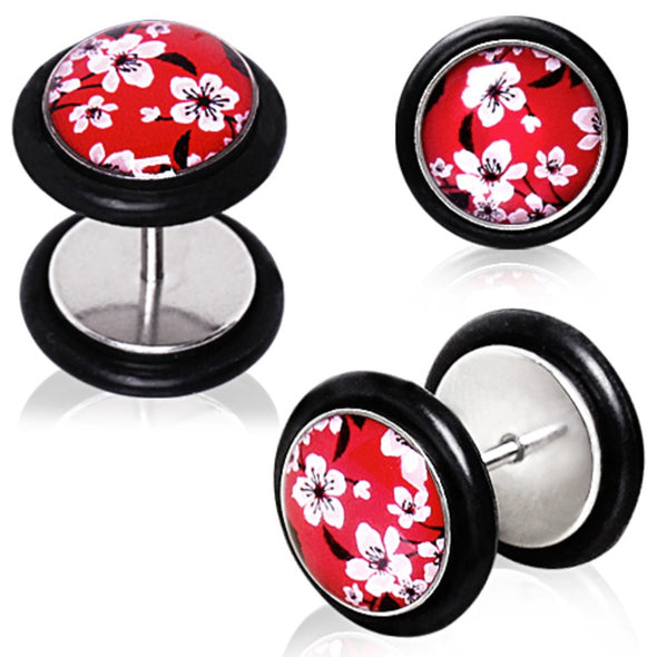 316L Red Cherry Blossom Fake Plug-WildKlass Jewelry