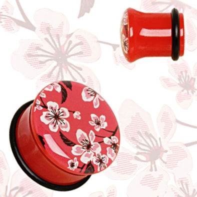 Red UV Acrylic Oriental Flower Blossom Single Flare Plug with O-Ring-WildKlass Jewelry