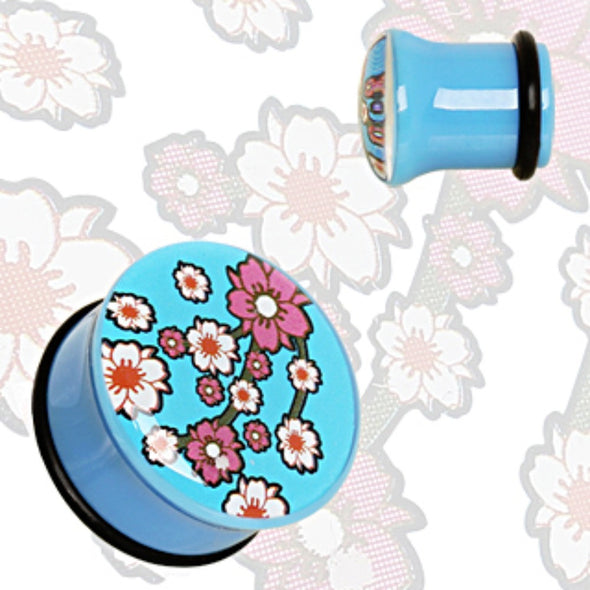 Blue UV Acrylic Oriental Flower Blossom Single Flare Plug with O-Ring-WildKlass Jewelry