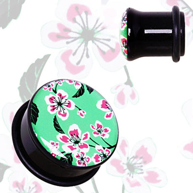 Green UV Acrylic Oriental Flower Blossom Single Flare Plug with O-Ring-WildKlass Jewelry