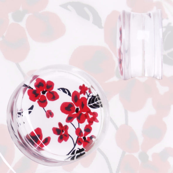 Clear Acrylic Red and White Floral Print Saddle Plug-WildKlass Jewelry