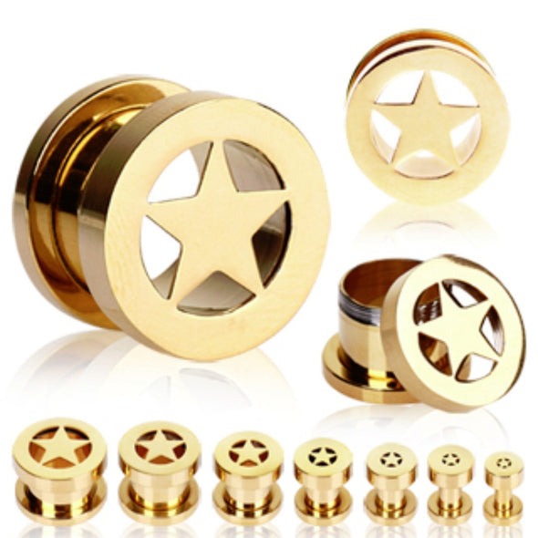 Gold Plated Double Flare Screw Fit Flesh Tunnel Ear Plug with Star-WildKlass Jewelry