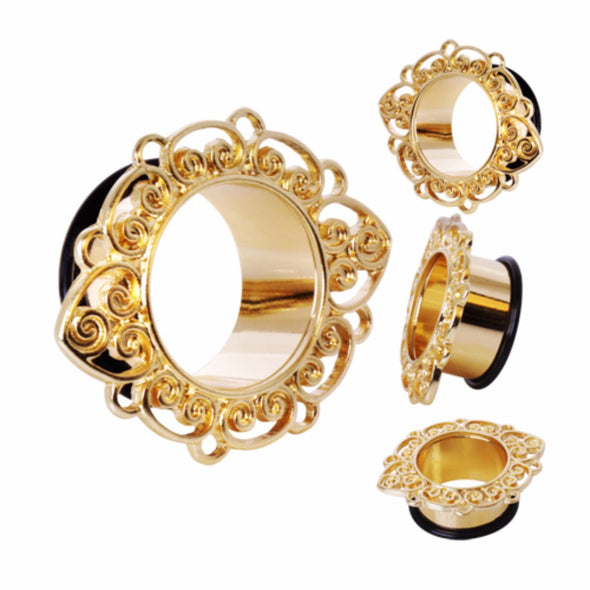 Gold Plated Single Flare Ornate Patal Flesh Tunnel-WildKlass Jewelry