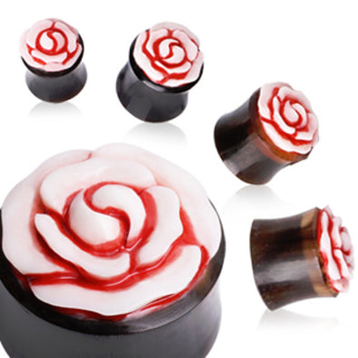 Buffalo Horn Plug with Pink Rose Inlay-WildKlass Jewelry