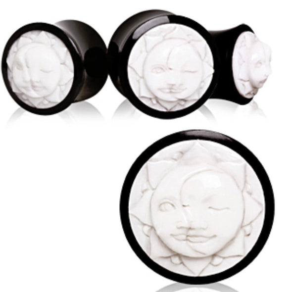Organic Buffalo Horn Saddle Plug with White Bone Sun & Moon Inlay-WildKlass Jewelry