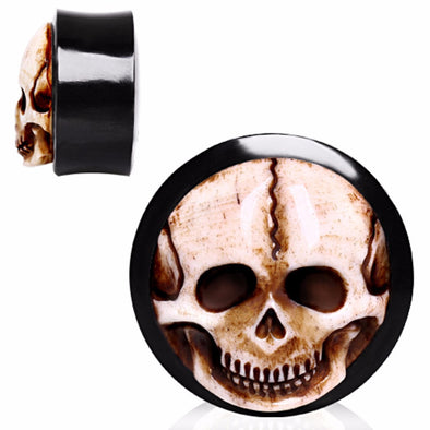 Organic Horn Saddle Plug with Bone Skull Inlay-WildKlass Jewelry