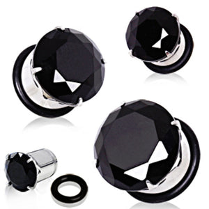 316L Prong Set Black CZ Single Flare Plug with O-Ring-WildKlass Jewelry