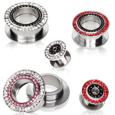 316L Surgical Steel Screw Fit Flesh Tunnel Ear Plug with PVD Plated Balls and CZ Stones-WildKlass Jewelry