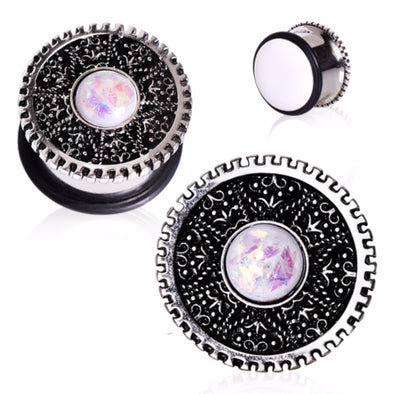 316L Surgical Steel Steampunk Intricate Gear with Opal Plug-WildKlass Jewelry