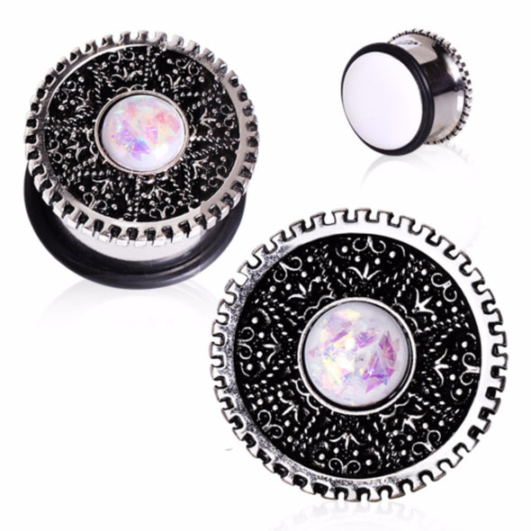 316L Surgical Steel Steampunk Intricate Gear with Opal Plug-WildKlass Jewelry
