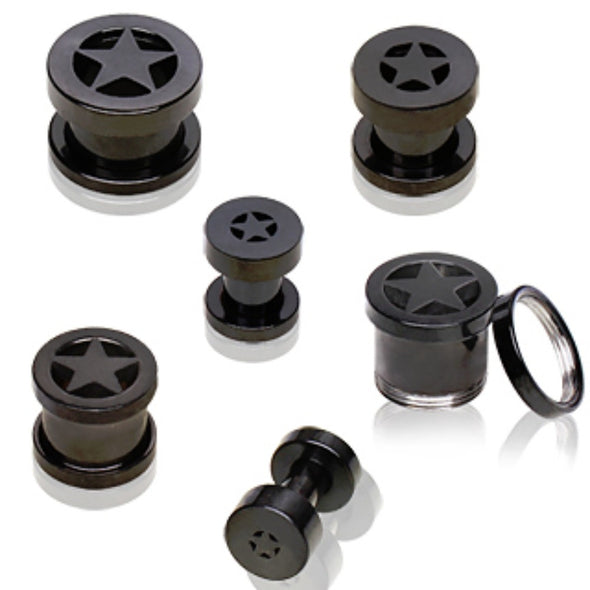 Black PVD Plated 316L Double Flared Screw Fit Flesh Tunnel Plug with Star-WildKlass Jewelry