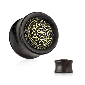 Antique Gold Plated Tribal Sun Shield Front Set Organic Ebony Wood Saddle WildKlass Plugs-WildKlass Jewelry