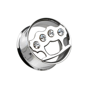 Clear Gem Steel Brass Knuckle Double Flared Ear Gauge Plug-WildKlass Jewelry